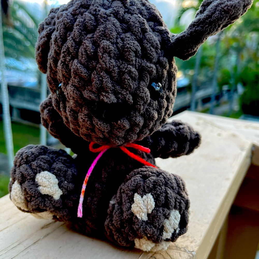 Plush crocheted puppy dog with toebeans